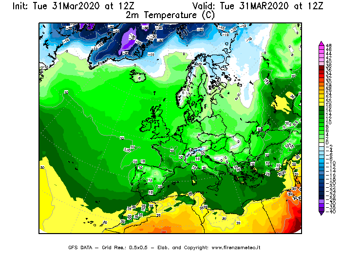 Mappa di analisi GFS - Temperatura a 2 metri dal suolo [°C] in Europa
							del 31/03/2020 12 <!--googleoff: index-->UTC<!--googleon: index-->