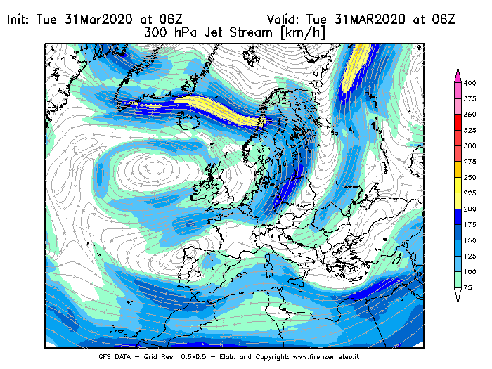 Mappa di analisi GFS - Jet Stream a 300 hPa in Europa
							del 31/03/2020 06 <!--googleoff: index-->UTC<!--googleon: index-->