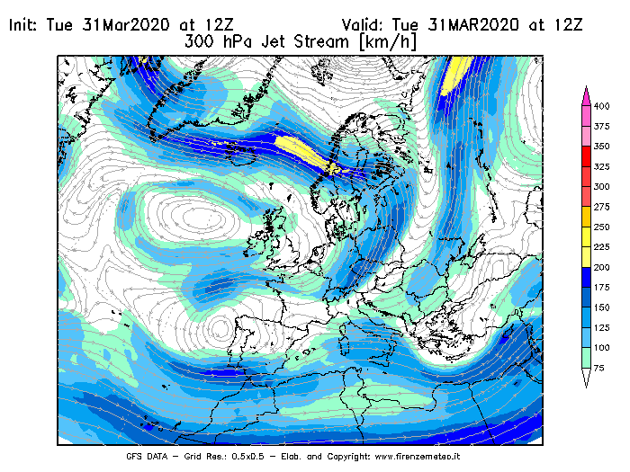 Mappa di analisi GFS - Jet Stream a 300 hPa in Europa
							del 31/03/2020 12 <!--googleoff: index-->UTC<!--googleon: index-->