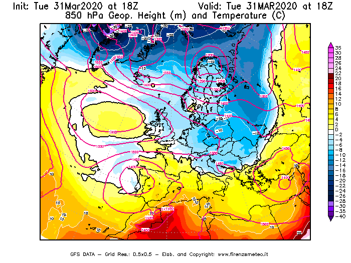 Mappa di analisi GFS - Geopotenziale [m] e Temperatura [°C] a 850 hPa in Europa
							del 31/03/2020 18 <!--googleoff: index-->UTC<!--googleon: index-->