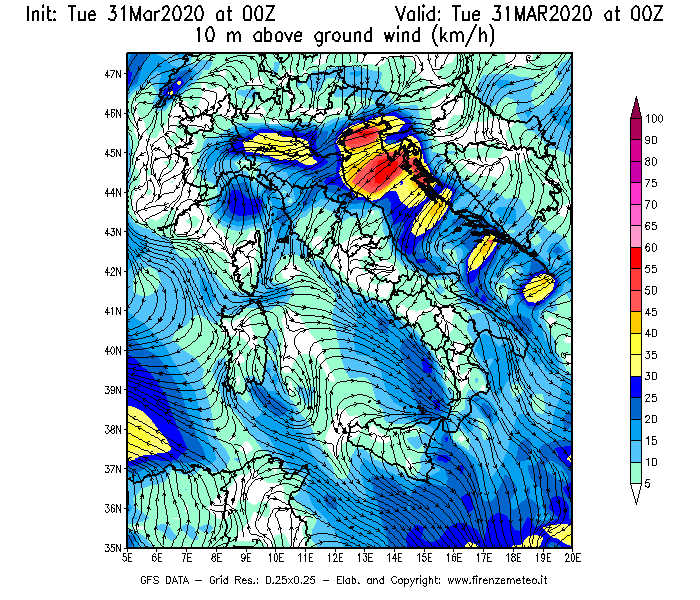 Mappa di analisi GFS - Velocità del vento a 10 metri dal suolo [km/h] in Italia
							del 31/03/2020 00 <!--googleoff: index-->UTC<!--googleon: index-->