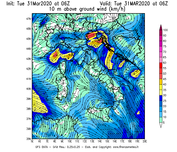 Mappa di analisi GFS - Velocità del vento a 10 metri dal suolo [km/h] in Italia
							del 31/03/2020 06 <!--googleoff: index-->UTC<!--googleon: index-->