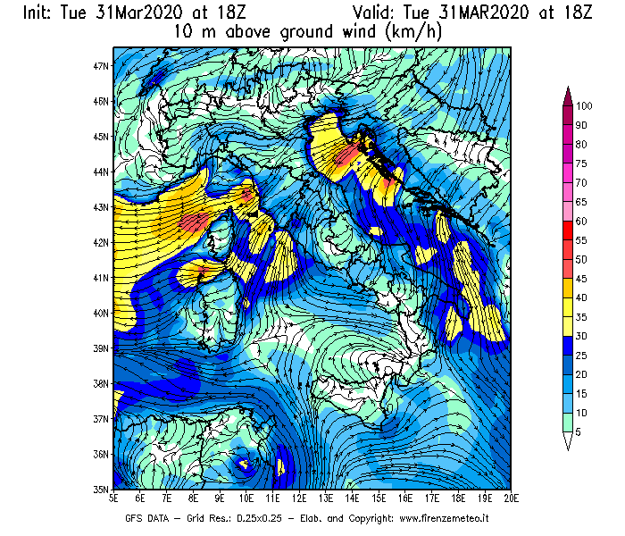 Mappa di analisi GFS - Velocità del vento a 10 metri dal suolo [km/h] in Italia
							del 31/03/2020 18 <!--googleoff: index-->UTC<!--googleon: index-->