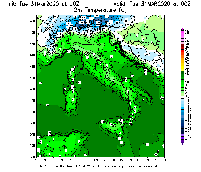Mappa di analisi GFS - Temperatura a 2 metri dal suolo [°C] in Italia
							del 31/03/2020 00 <!--googleoff: index-->UTC<!--googleon: index-->