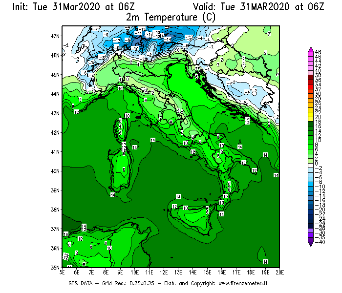 Mappa di analisi GFS - Temperatura a 2 metri dal suolo [°C] in Italia
							del 31/03/2020 06 <!--googleoff: index-->UTC<!--googleon: index-->
