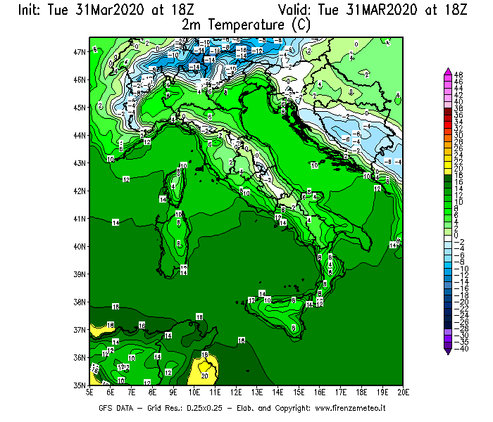 Mappa di analisi GFS - Temperatura a 2 metri dal suolo [°C] in Italia
							del 31/03/2020 18 <!--googleoff: index-->UTC<!--googleon: index-->