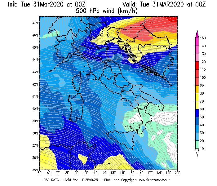 Mappa di analisi GFS - Velocità del vento a 500 hPa [km/h] in Italia
							del 31/03/2020 00 <!--googleoff: index-->UTC<!--googleon: index-->