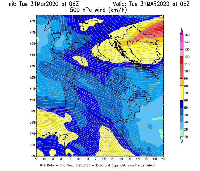 Mappa di analisi GFS - Velocità del vento a 500 hPa [km/h] in Italia
							del 31/03/2020 06 <!--googleoff: index-->UTC<!--googleon: index-->