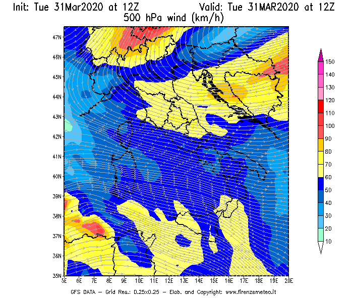 Mappa di analisi GFS - Velocità del vento a 500 hPa [km/h] in Italia
							del 31/03/2020 12 <!--googleoff: index-->UTC<!--googleon: index-->