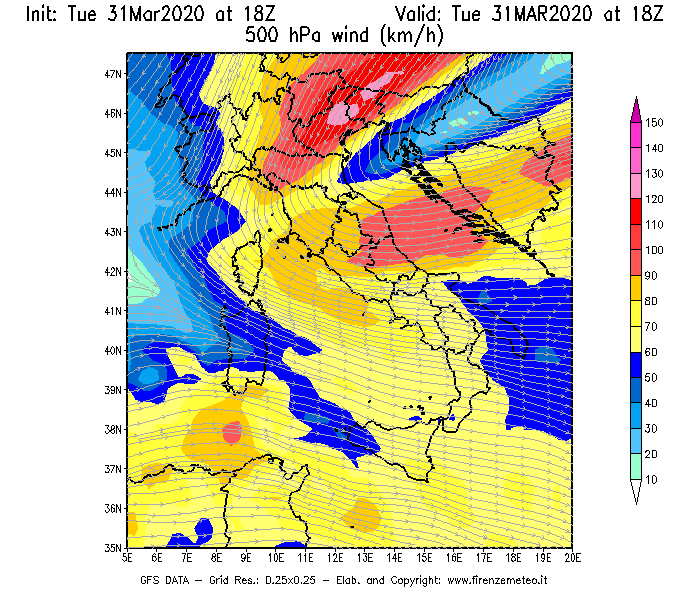 Mappa di analisi GFS - Velocità del vento a 500 hPa [km/h] in Italia
							del 31/03/2020 18 <!--googleoff: index-->UTC<!--googleon: index-->