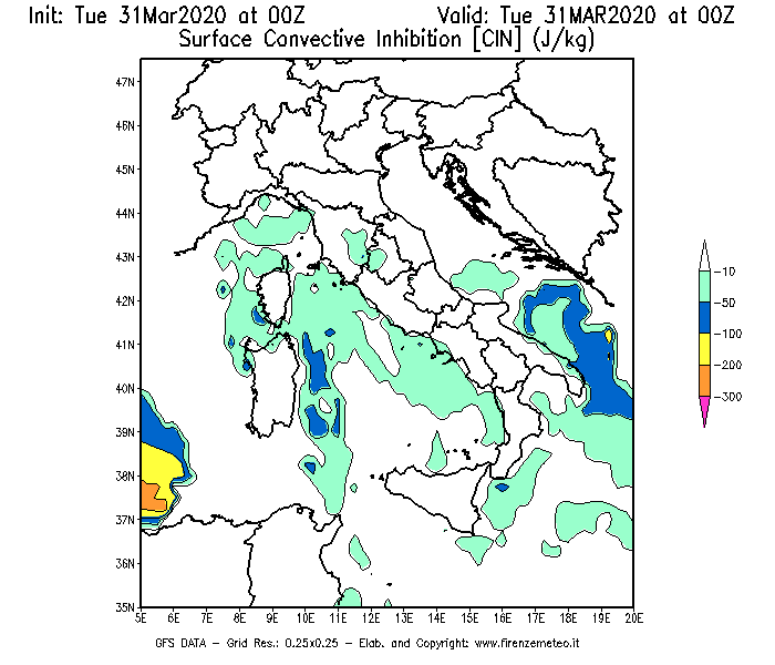 Mappa di analisi GFS - CIN [J/kg] in Italia
							del 31/03/2020 00 <!--googleoff: index-->UTC<!--googleon: index-->