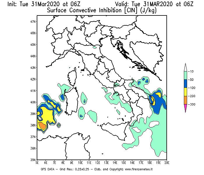 Mappa di analisi GFS - CIN [J/kg] in Italia
							del 31/03/2020 06 <!--googleoff: index-->UTC<!--googleon: index-->