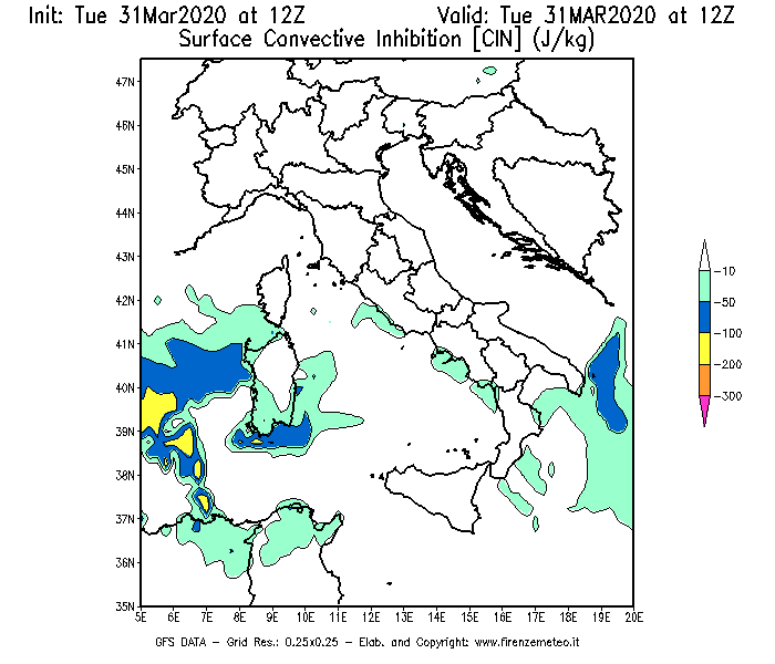 Mappa di analisi GFS - CIN [J/kg] in Italia
							del 31/03/2020 12 <!--googleoff: index-->UTC<!--googleon: index-->