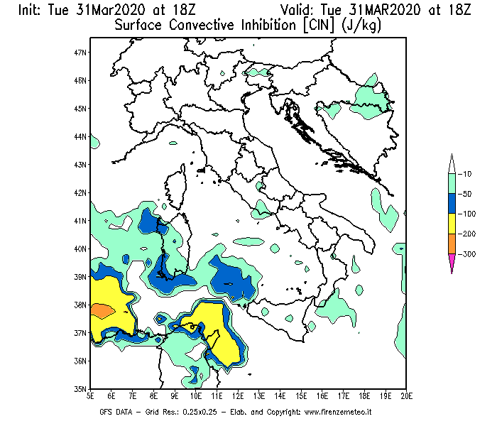 Mappa di analisi GFS - CIN [J/kg] in Italia
							del 31/03/2020 18 <!--googleoff: index-->UTC<!--googleon: index-->