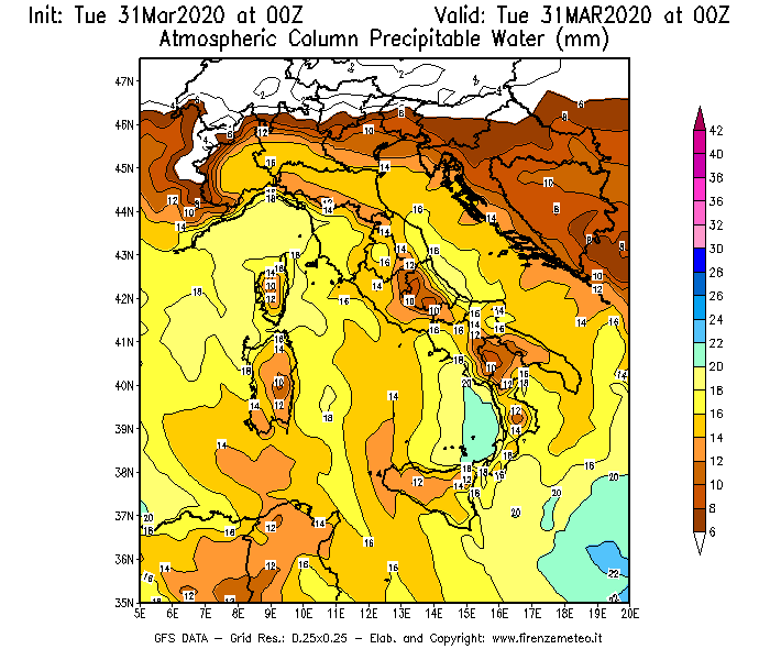Mappa di analisi GFS - Precipitable Water [mm] in Italia
							del 31/03/2020 00 <!--googleoff: index-->UTC<!--googleon: index-->
