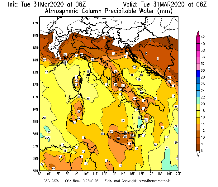 Mappa di analisi GFS - Precipitable Water [mm] in Italia
							del 31/03/2020 06 <!--googleoff: index-->UTC<!--googleon: index-->