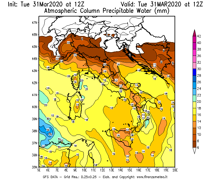Mappa di analisi GFS - Precipitable Water [mm] in Italia
							del 31/03/2020 12 <!--googleoff: index-->UTC<!--googleon: index-->