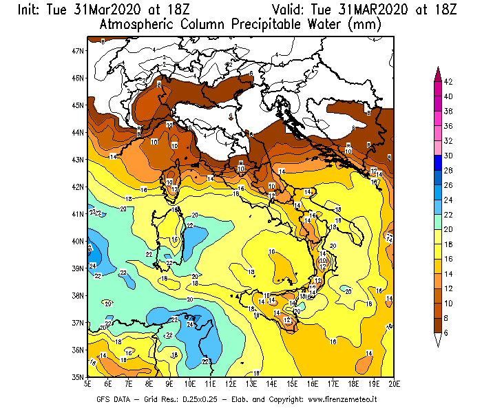 Mappa di analisi GFS - Precipitable Water [mm] in Italia
							del 31/03/2020 18 <!--googleoff: index-->UTC<!--googleon: index-->