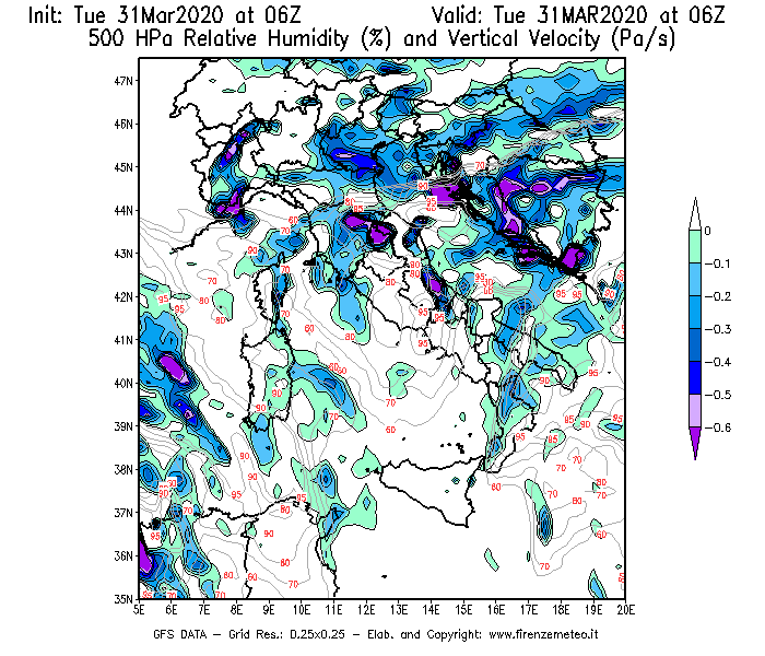 Mappa di analisi GFS - Umidità relativa [%] e Omega [Pa/s] a 500 hPa in Italia
							del 31/03/2020 06 <!--googleoff: index-->UTC<!--googleon: index-->