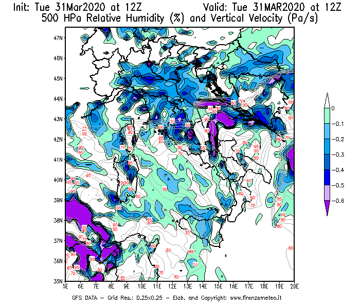 Mappa di analisi GFS - Umidità relativa [%] e Omega [Pa/s] a 500 hPa in Italia
							del 31/03/2020 12 <!--googleoff: index-->UTC<!--googleon: index-->