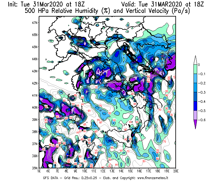 Mappa di analisi GFS - Umidità relativa [%] e Omega [Pa/s] a 500 hPa in Italia
							del 31/03/2020 18 <!--googleoff: index-->UTC<!--googleon: index-->