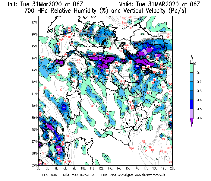 Mappa di analisi GFS - Umidità relativa [%] e Omega [Pa/s] a 700 hPa in Italia
							del 31/03/2020 06 <!--googleoff: index-->UTC<!--googleon: index-->