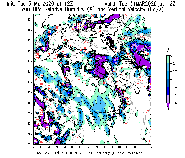 Mappa di analisi GFS - Umidità relativa [%] e Omega [Pa/s] a 700 hPa in Italia
							del 31/03/2020 12 <!--googleoff: index-->UTC<!--googleon: index-->