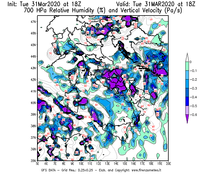Mappa di analisi GFS - Umidità relativa [%] e Omega [Pa/s] a 700 hPa in Italia
							del 31/03/2020 18 <!--googleoff: index-->UTC<!--googleon: index-->
