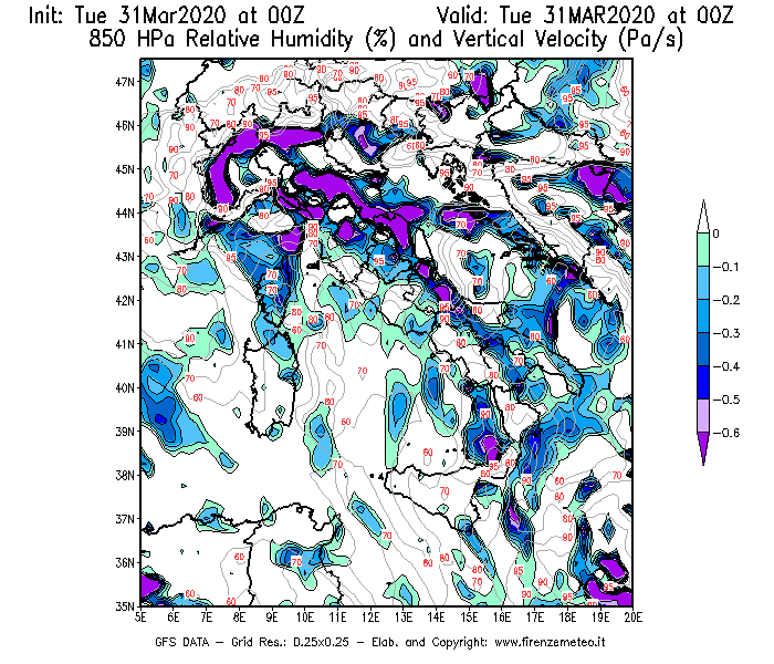 Mappa di analisi GFS - Umidità relativa [%] e Omega [Pa/s] a 850 hPa in Italia
							del 31/03/2020 00 <!--googleoff: index-->UTC<!--googleon: index-->
