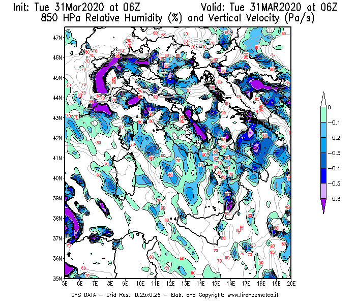Mappa di analisi GFS - Umidità relativa [%] e Omega [Pa/s] a 850 hPa in Italia
							del 31/03/2020 06 <!--googleoff: index-->UTC<!--googleon: index-->