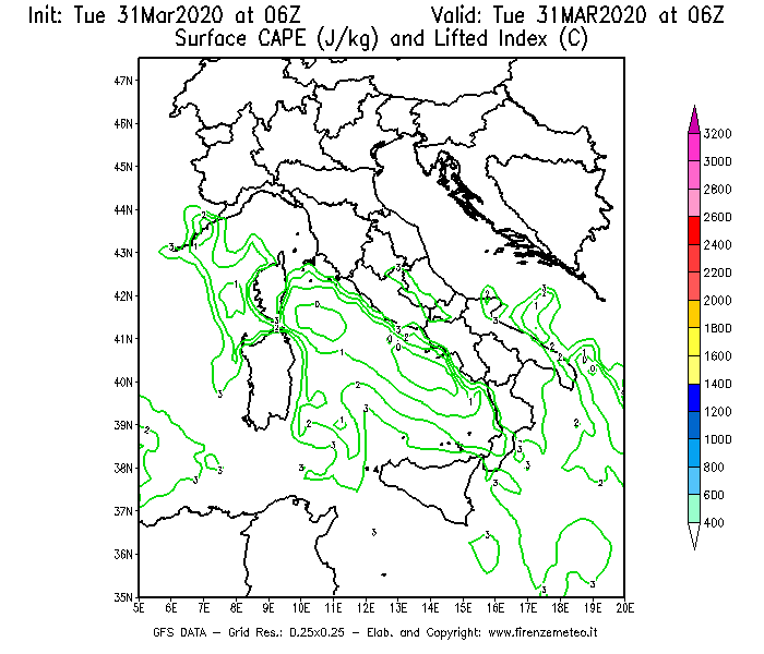 Mappa di analisi GFS - CAPE [J/kg] e Lifted Index [°C] in Italia
							del 31/03/2020 06 <!--googleoff: index-->UTC<!--googleon: index-->