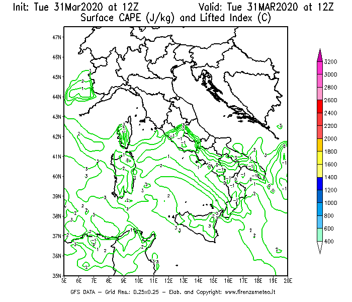 Mappa di analisi GFS - CAPE [J/kg] e Lifted Index [°C] in Italia
							del 31/03/2020 12 <!--googleoff: index-->UTC<!--googleon: index-->
