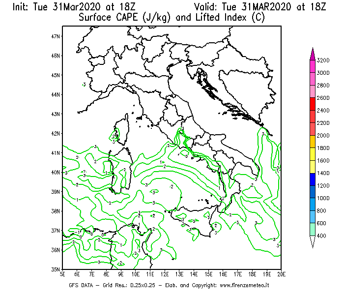Mappa di analisi GFS - CAPE [J/kg] e Lifted Index [°C] in Italia
							del 31/03/2020 18 <!--googleoff: index-->UTC<!--googleon: index-->
