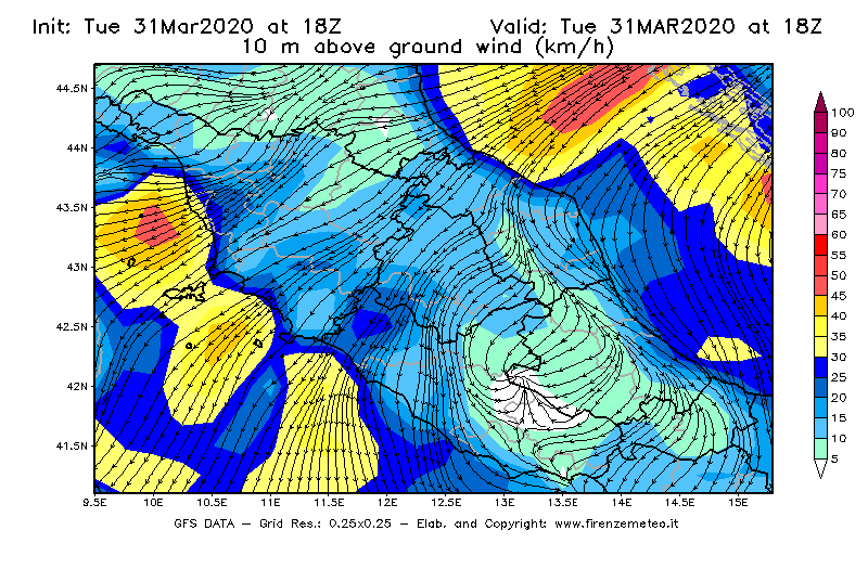 Mappa di analisi GFS - Velocità del vento a 10 metri dal suolo [km/h] in Centro-Italia
							del 31/03/2020 18 <!--googleoff: index-->UTC<!--googleon: index-->