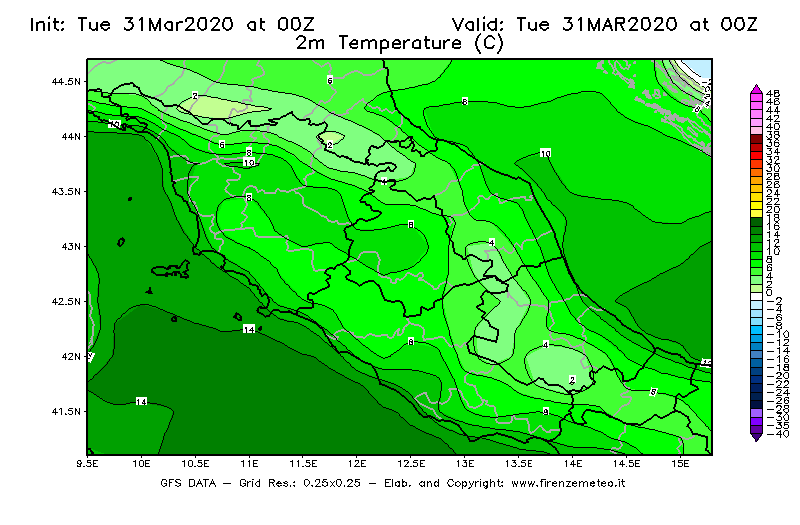 Mappa di analisi GFS - Temperatura a 2 metri dal suolo [°C] in Centro-Italia
							del 31/03/2020 00 <!--googleoff: index-->UTC<!--googleon: index-->