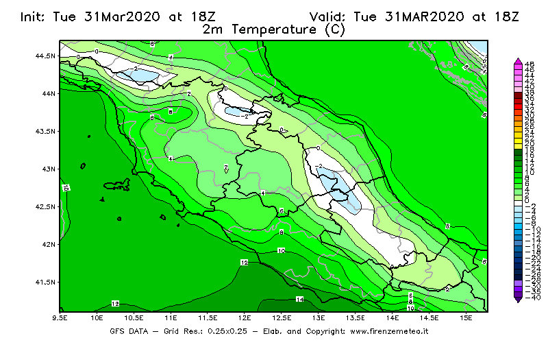 Mappa di analisi GFS - Temperatura a 2 metri dal suolo [°C] in Centro-Italia
							del 31/03/2020 18 <!--googleoff: index-->UTC<!--googleon: index-->