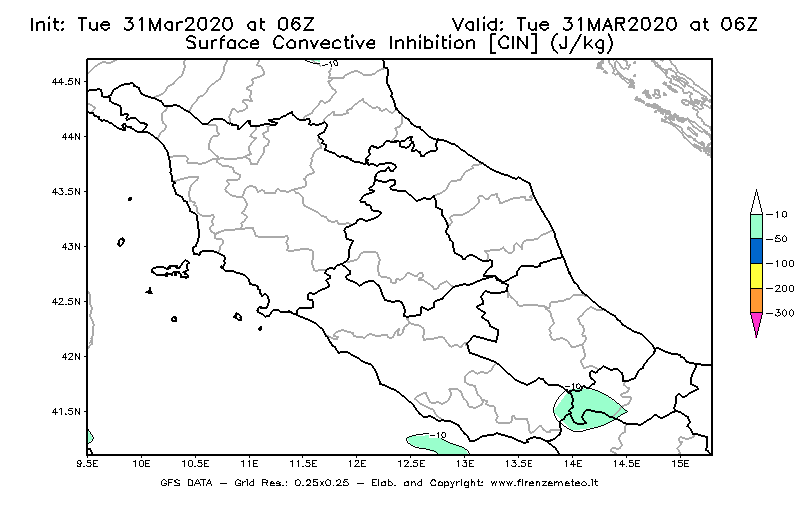 Mappa di analisi GFS - CIN [J/kg] in Centro-Italia
							del 31/03/2020 06 <!--googleoff: index-->UTC<!--googleon: index-->