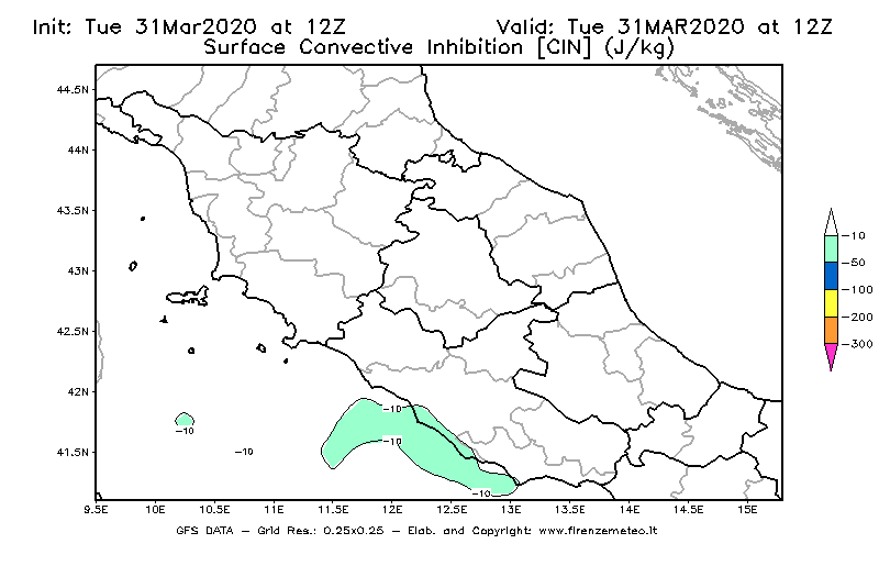 Mappa di analisi GFS - CIN [J/kg] in Centro-Italia
							del 31/03/2020 12 <!--googleoff: index-->UTC<!--googleon: index-->