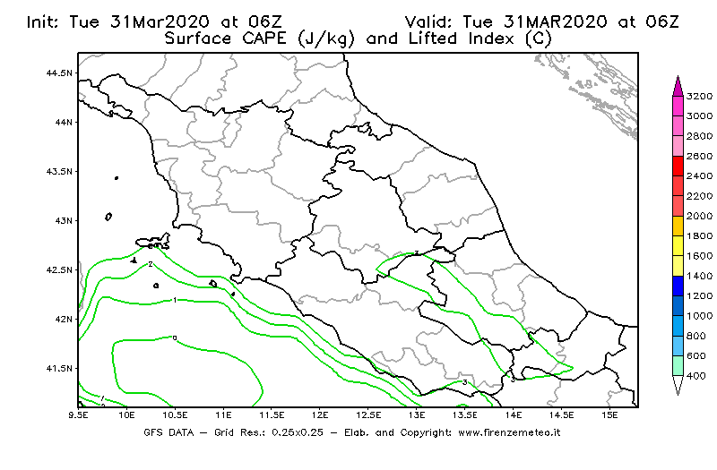 Mappa di analisi GFS - CAPE [J/kg] e Lifted Index [°C] in Centro-Italia
							del 31/03/2020 06 <!--googleoff: index-->UTC<!--googleon: index-->