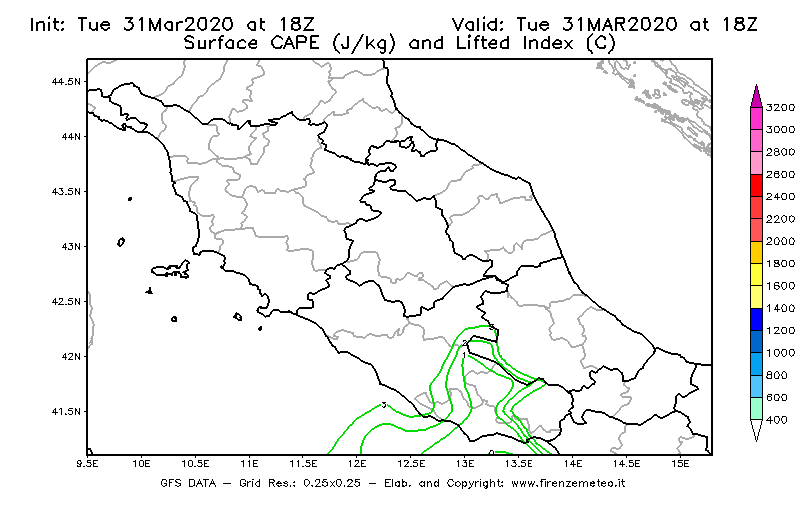 Mappa di analisi GFS - CAPE [J/kg] e Lifted Index [°C] in Centro-Italia
							del 31/03/2020 18 <!--googleoff: index-->UTC<!--googleon: index-->