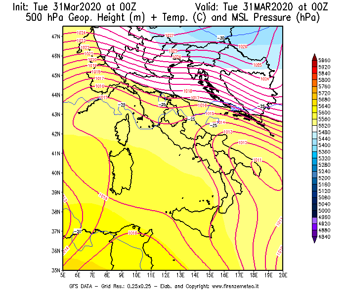 Mappa di analisi GFS - Geopotenziale [m] + Temp. [°C] a 500 hPa + Press. a livello del mare [hPa] in Italia
							del 31/03/2020 00 <!--googleoff: index-->UTC<!--googleon: index-->
