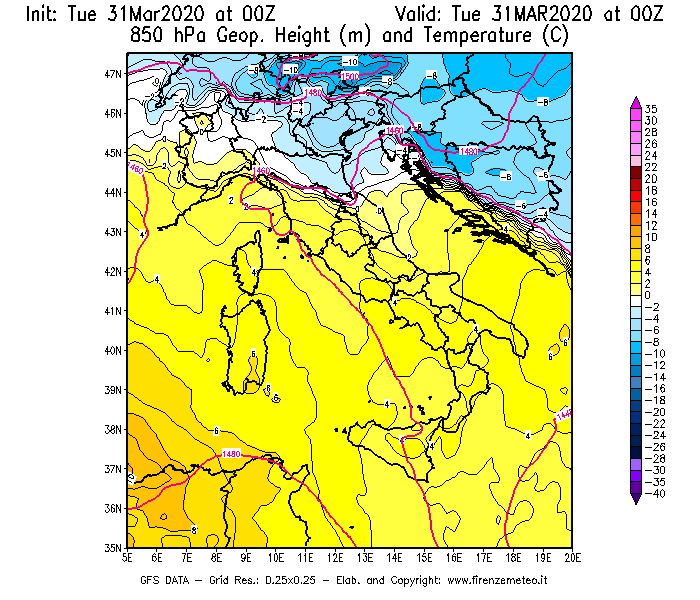 Mappa di analisi GFS - Geopotenziale [m] e Temperatura [°C] a 850 hPa in Italia
							del 31/03/2020 00 <!--googleoff: index-->UTC<!--googleon: index-->