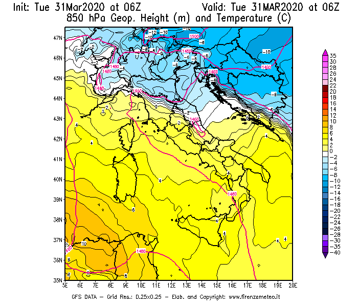 Mappa di analisi GFS - Geopotenziale [m] e Temperatura [°C] a 850 hPa in Italia
							del 31/03/2020 06 <!--googleoff: index-->UTC<!--googleon: index-->