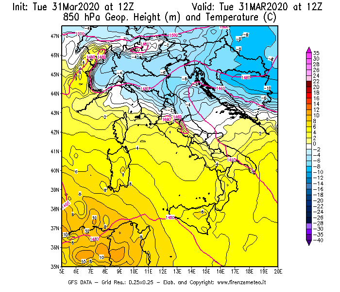Mappa di analisi GFS - Geopotenziale [m] e Temperatura [°C] a 850 hPa in Italia
							del 31/03/2020 12 <!--googleoff: index-->UTC<!--googleon: index-->
