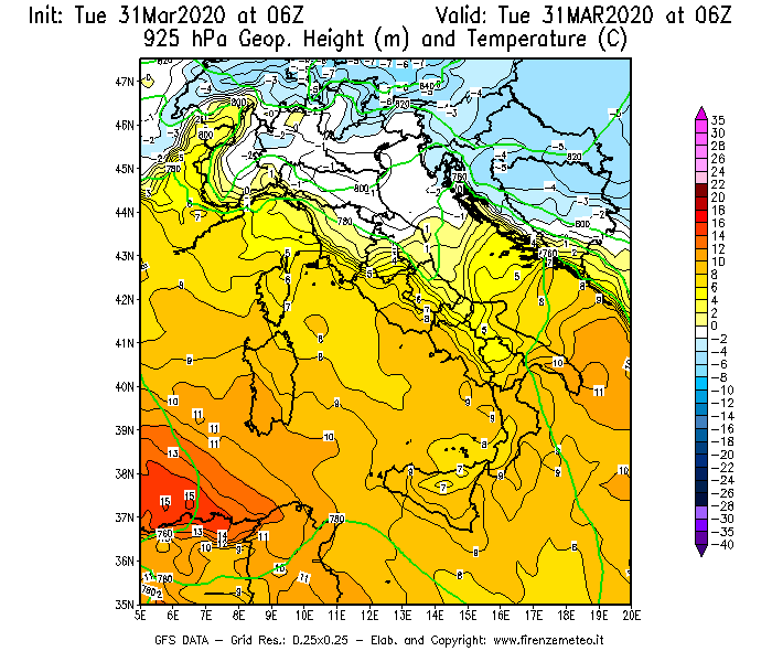 Mappa di analisi GFS - Geopotenziale [m] e Temperatura [°C] a 925 hPa in Italia
							del 31/03/2020 06 <!--googleoff: index-->UTC<!--googleon: index-->