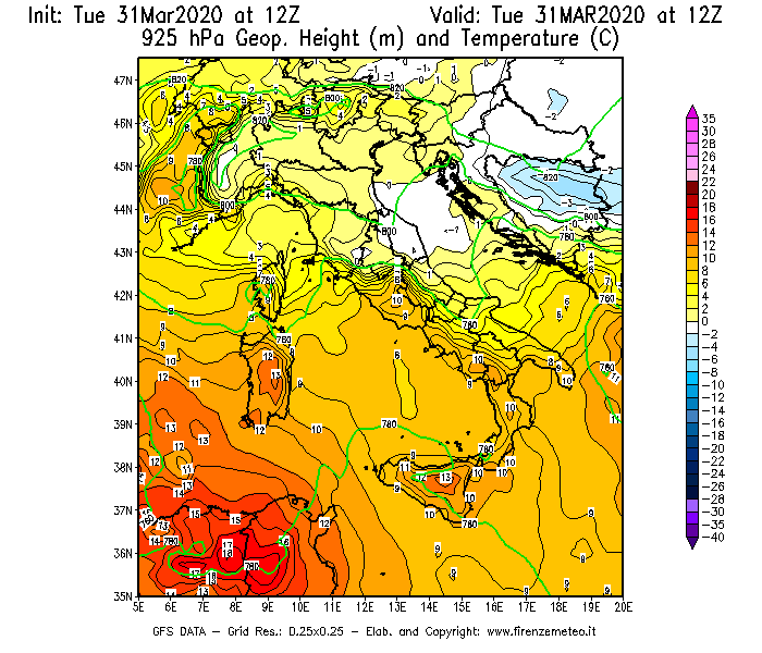 Mappa di analisi GFS - Geopotenziale [m] e Temperatura [°C] a 925 hPa in Italia
							del 31/03/2020 12 <!--googleoff: index-->UTC<!--googleon: index-->