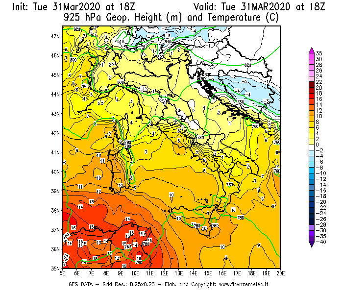 Mappa di analisi GFS - Geopotenziale [m] e Temperatura [°C] a 925 hPa in Italia
							del 31/03/2020 18 <!--googleoff: index-->UTC<!--googleon: index-->