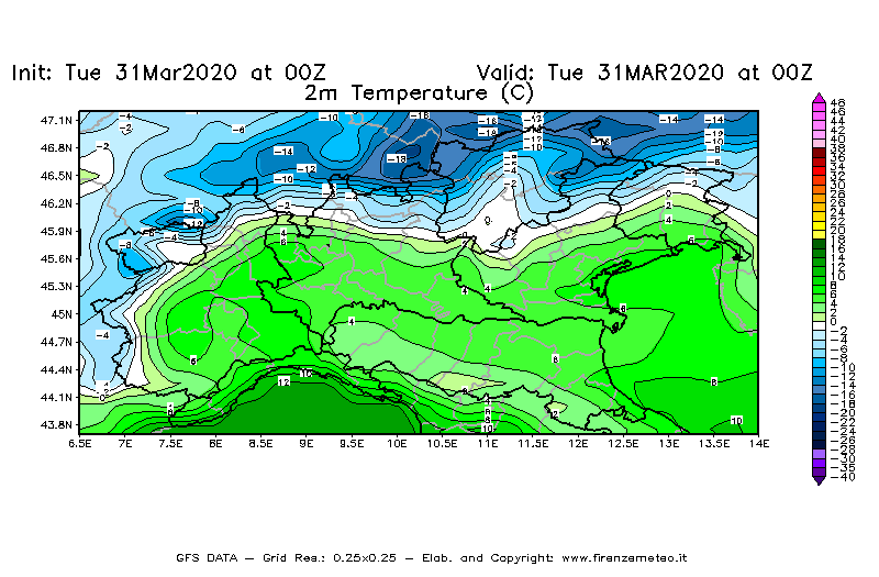 Mappa di analisi GFS - Temperatura a 2 metri dal suolo [°C] in Nord-Italia
							del 31/03/2020 00 <!--googleoff: index-->UTC<!--googleon: index-->