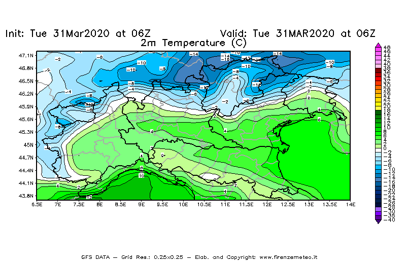 Mappa di analisi GFS - Temperatura a 2 metri dal suolo [°C] in Nord-Italia
							del 31/03/2020 06 <!--googleoff: index-->UTC<!--googleon: index-->