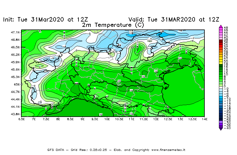 Mappa di analisi GFS - Temperatura a 2 metri dal suolo [°C] in Nord-Italia
							del 31/03/2020 12 <!--googleoff: index-->UTC<!--googleon: index-->